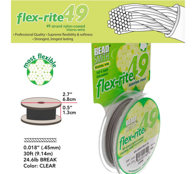 Flexrite 49 strands 0.018" beading wire, Clear, 30 Ft