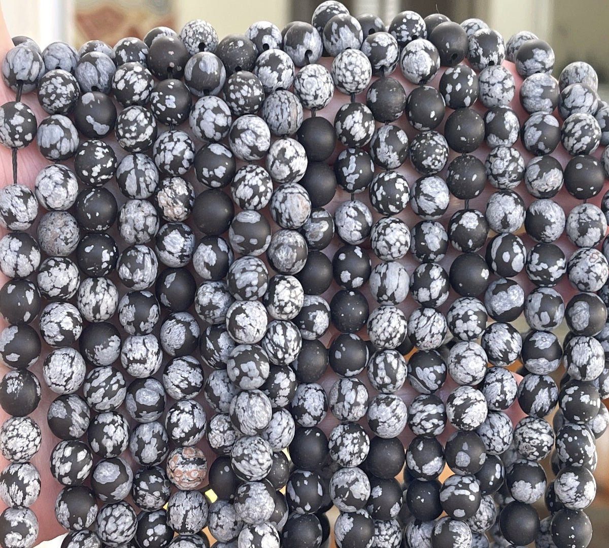 Snowflake Obsidian matte 8mm round gemstone beads 15" strand - Oz Beads 