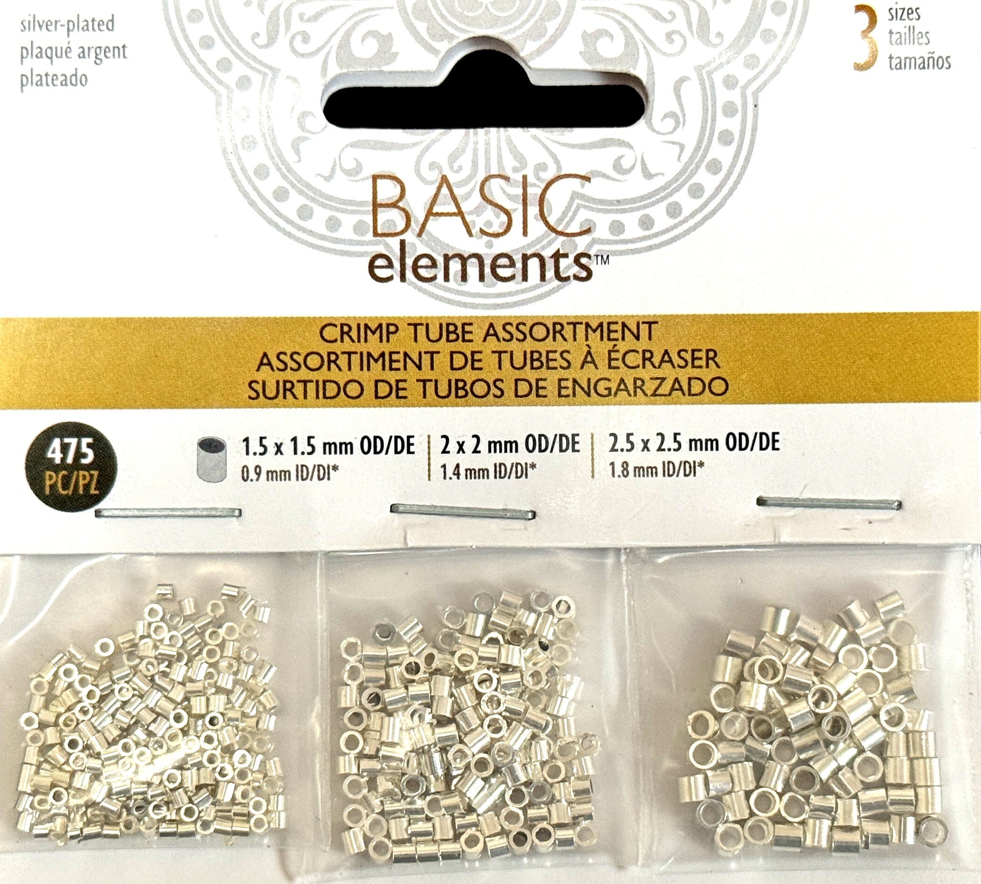 Beadsmith Tube Crimp Assortment Pack, 3 sizes, silver plated, 475 pcs