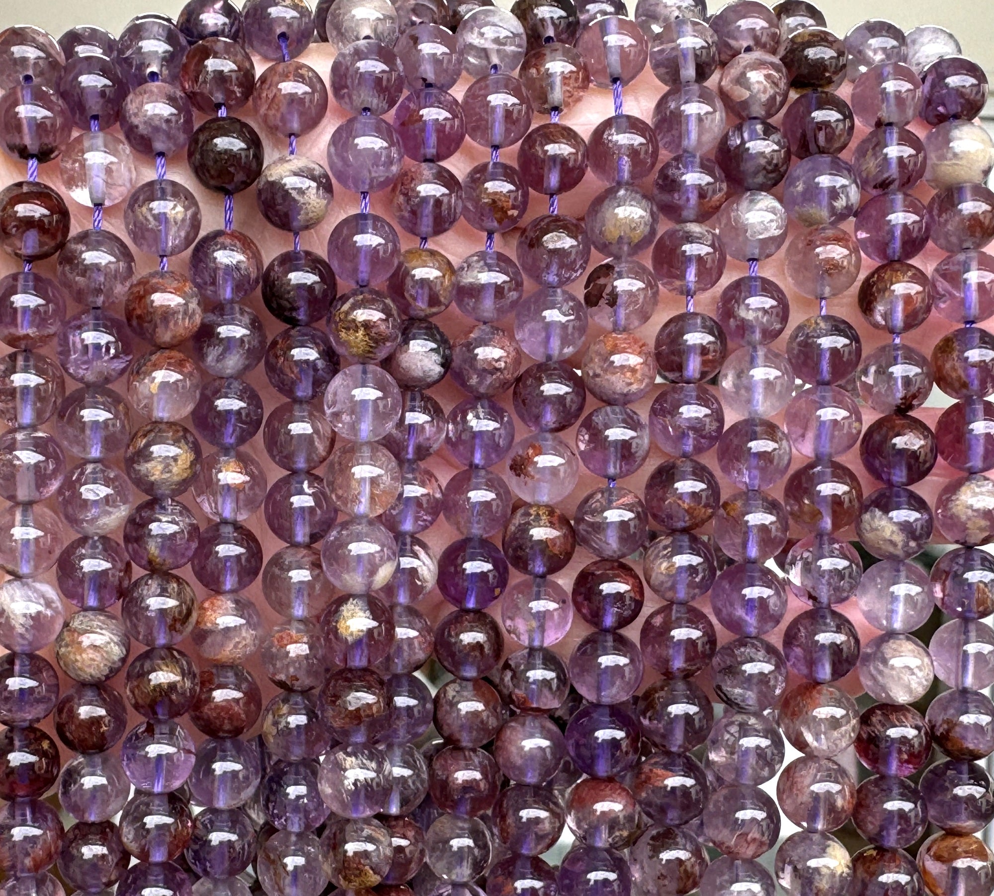 Super Seven Cacoxenite Amethyst 8mm round beads 15.5" strand