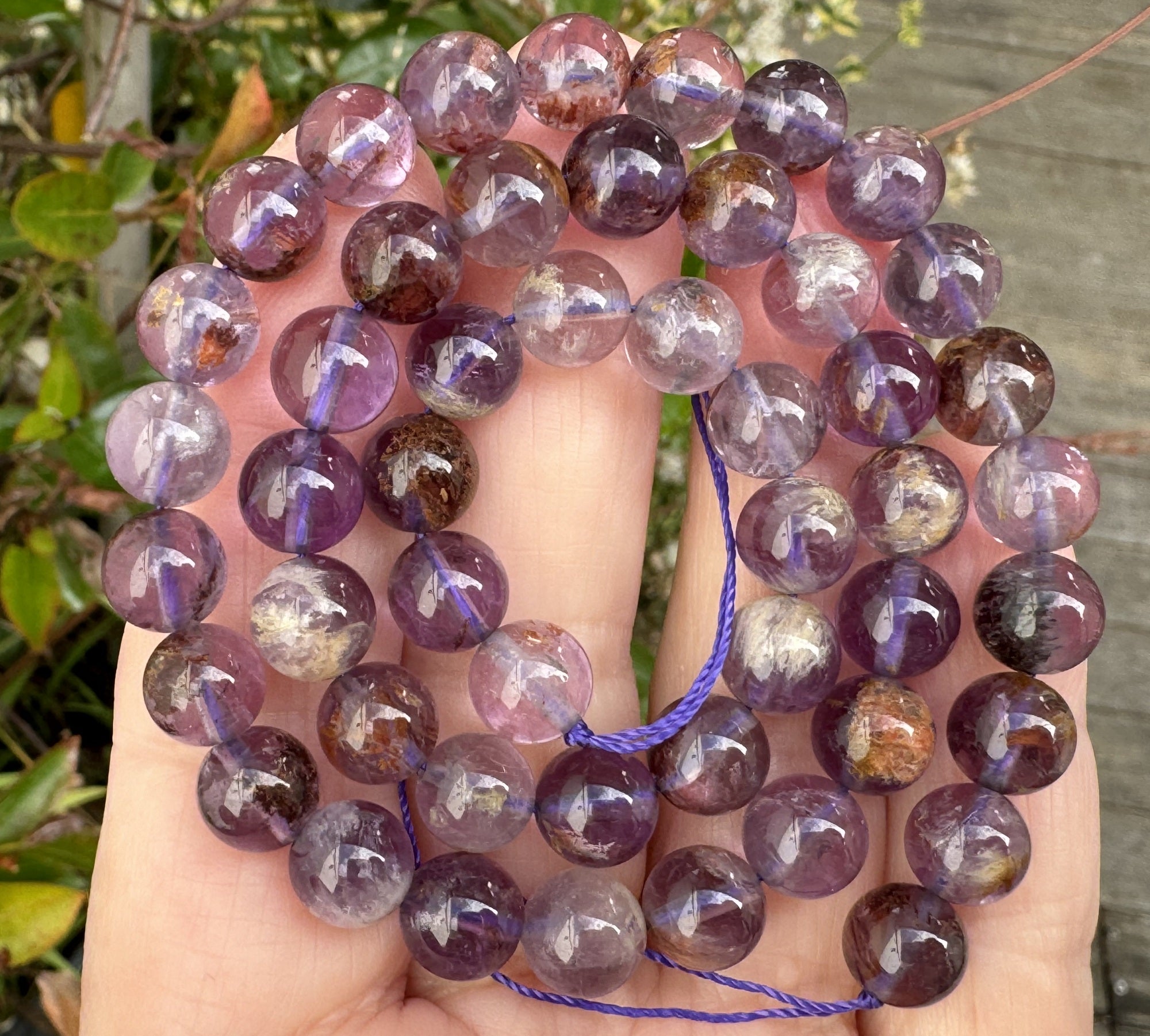 Super Seven Cacoxenite Amethyst 8mm round beads 15.5" strand