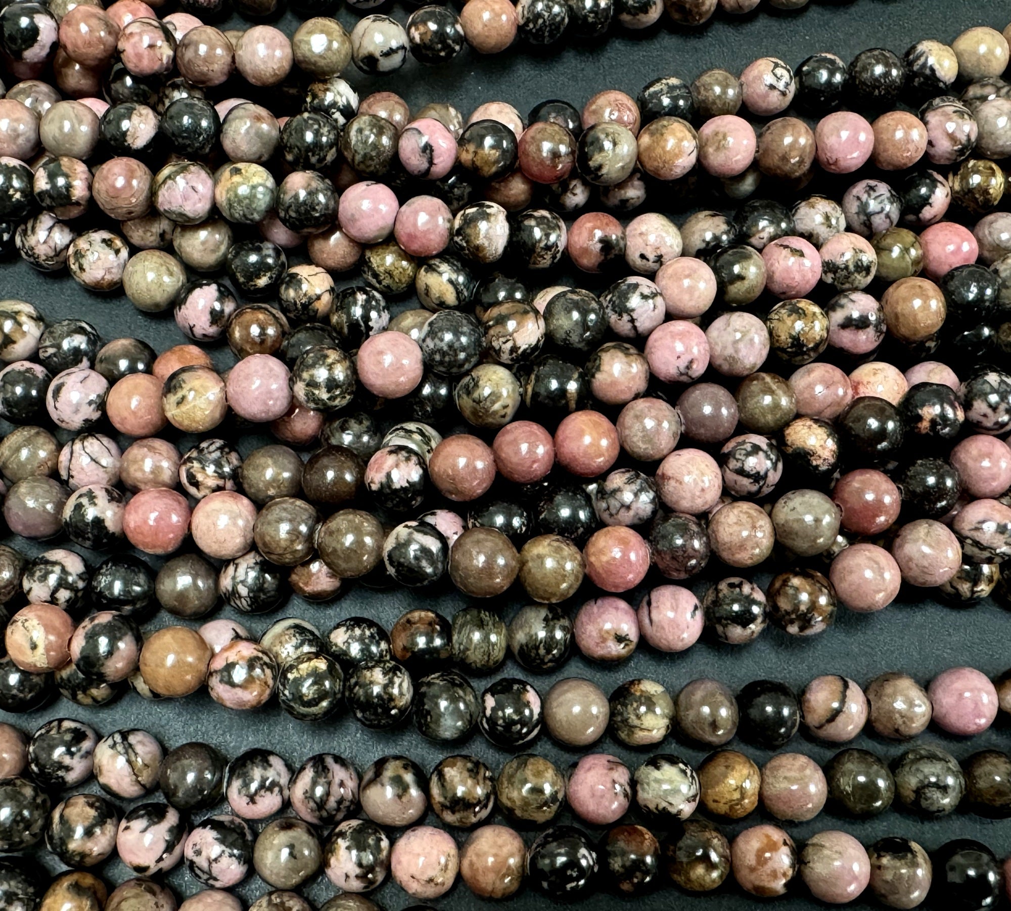 Black Veined Rhodonite 6mm round ball beads 15" strand