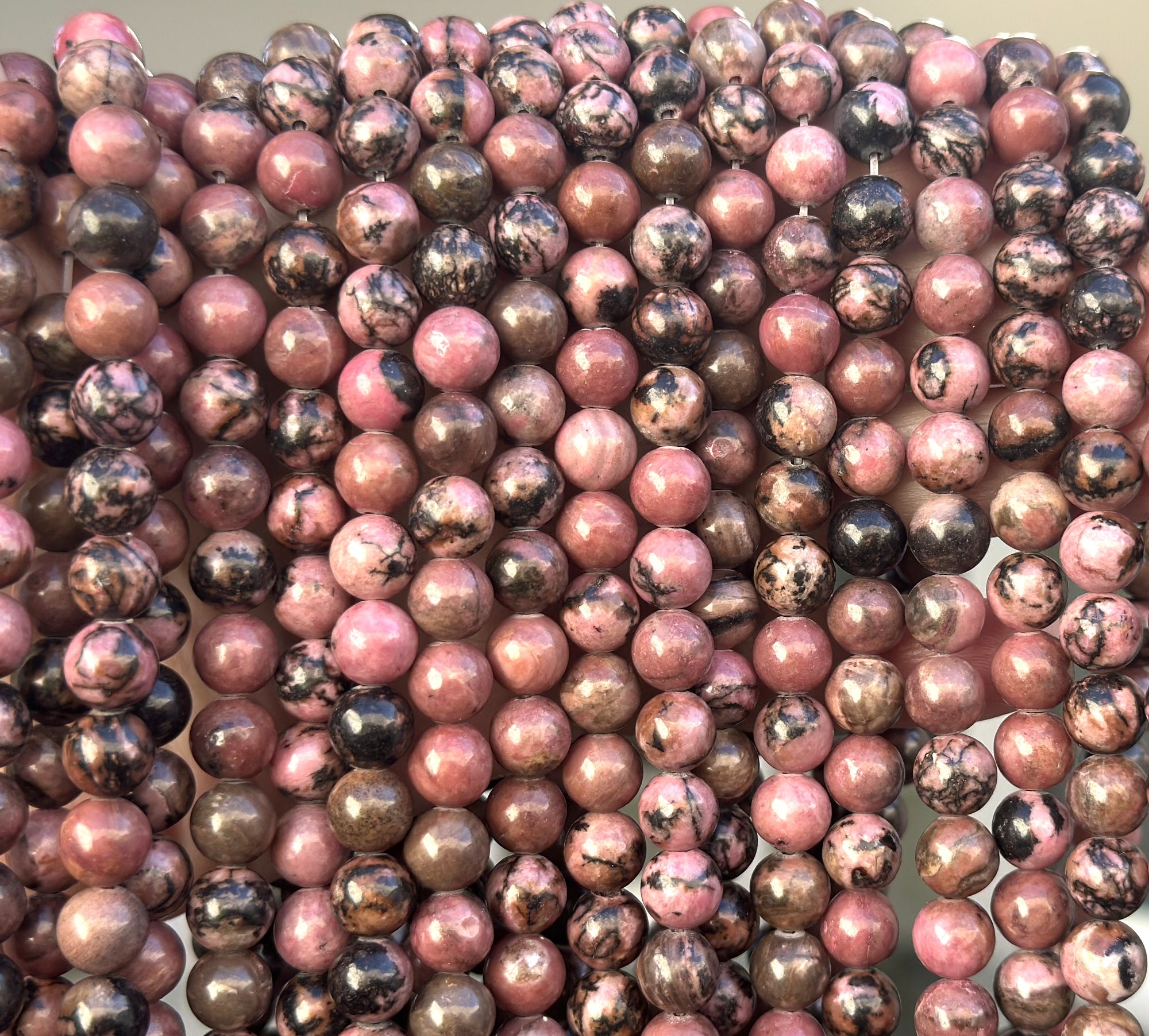 Black Veined Rhodonite 8mm round natural gemstone beads 15" strand