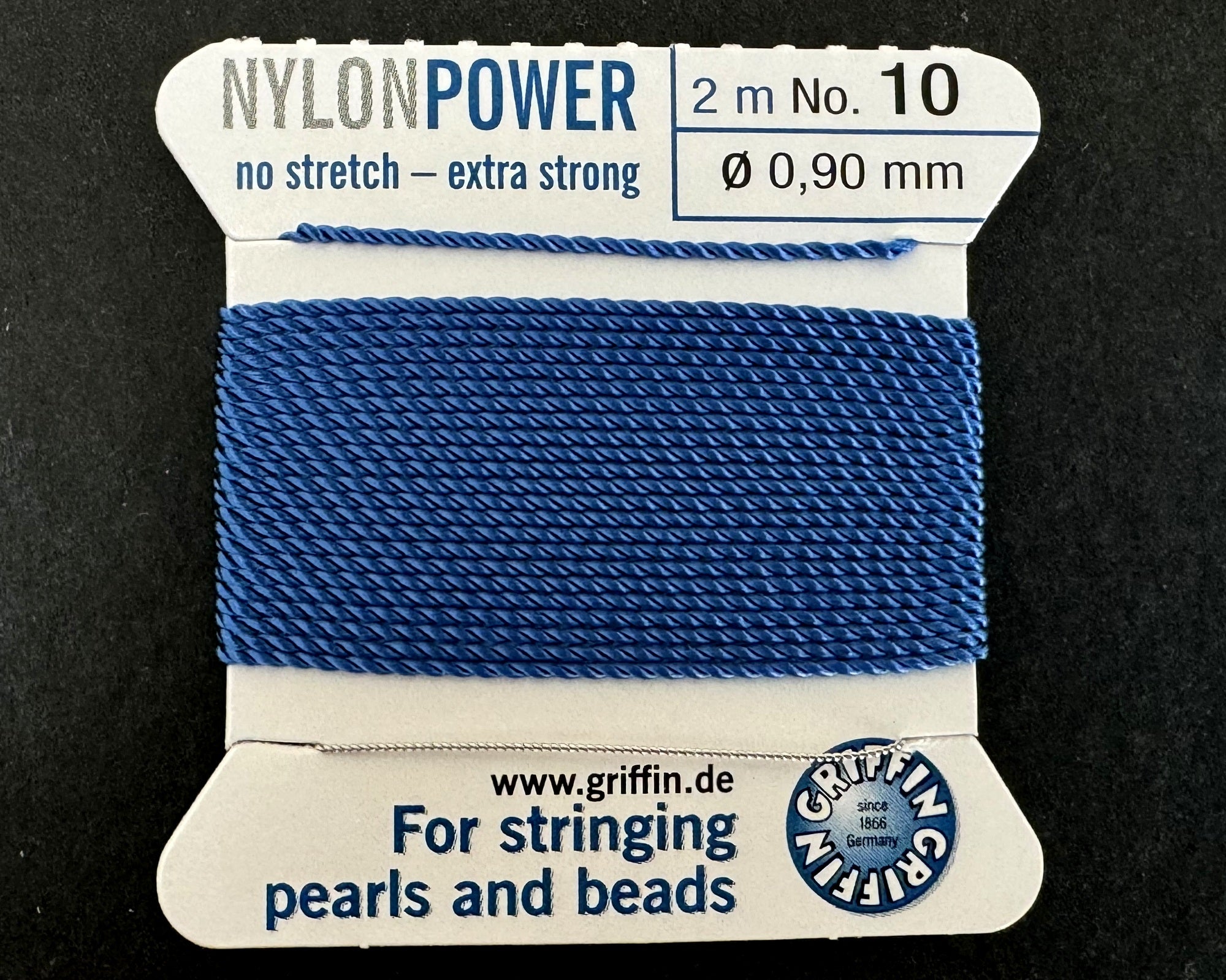 Griffin Nylon Power beading cord with needle, size #10 - 0.9mm, 2 metre