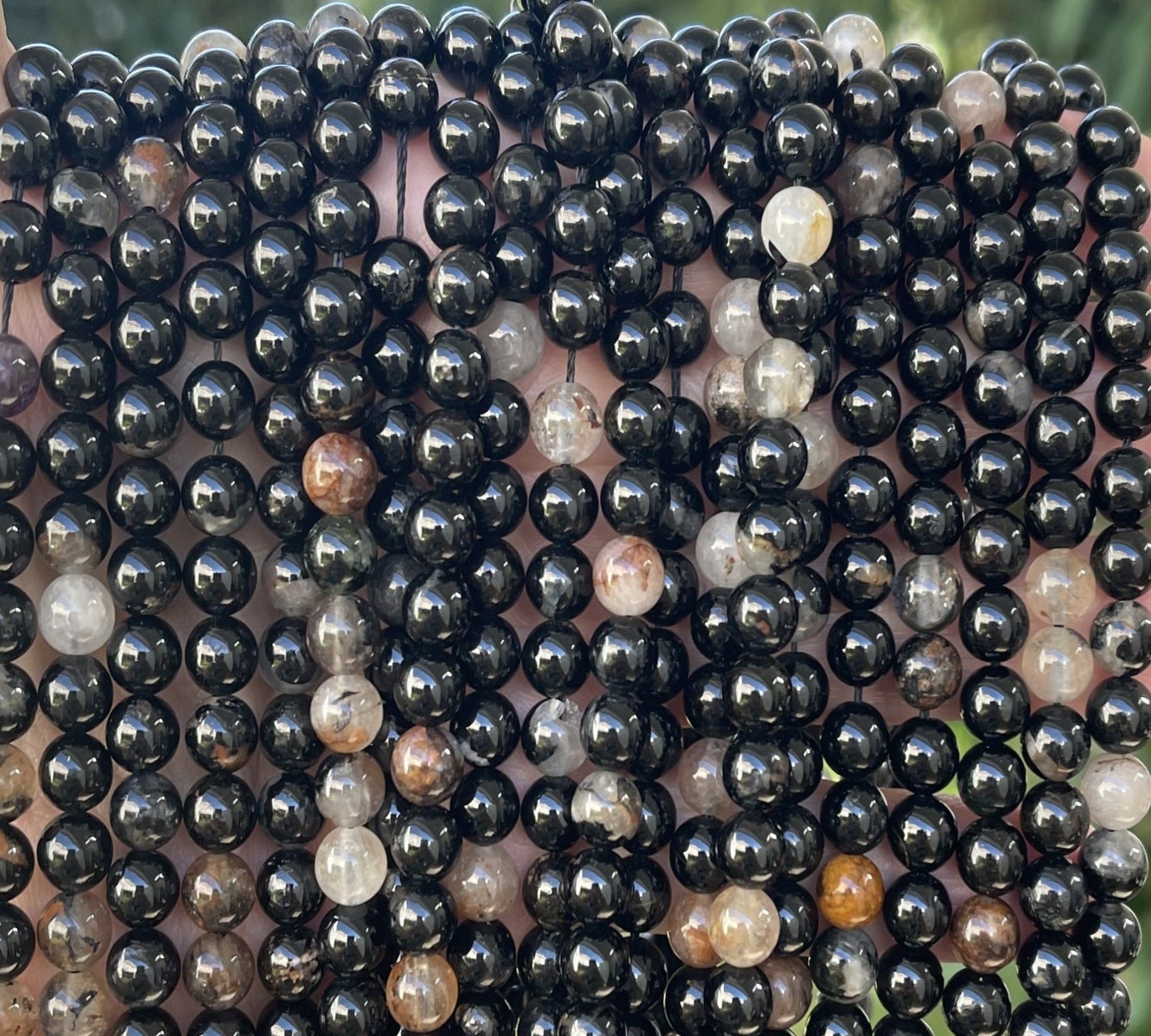 Black Tourmaline in Quartz and Iron Matrix 6mm round natural gemstone beads 15.5" strand